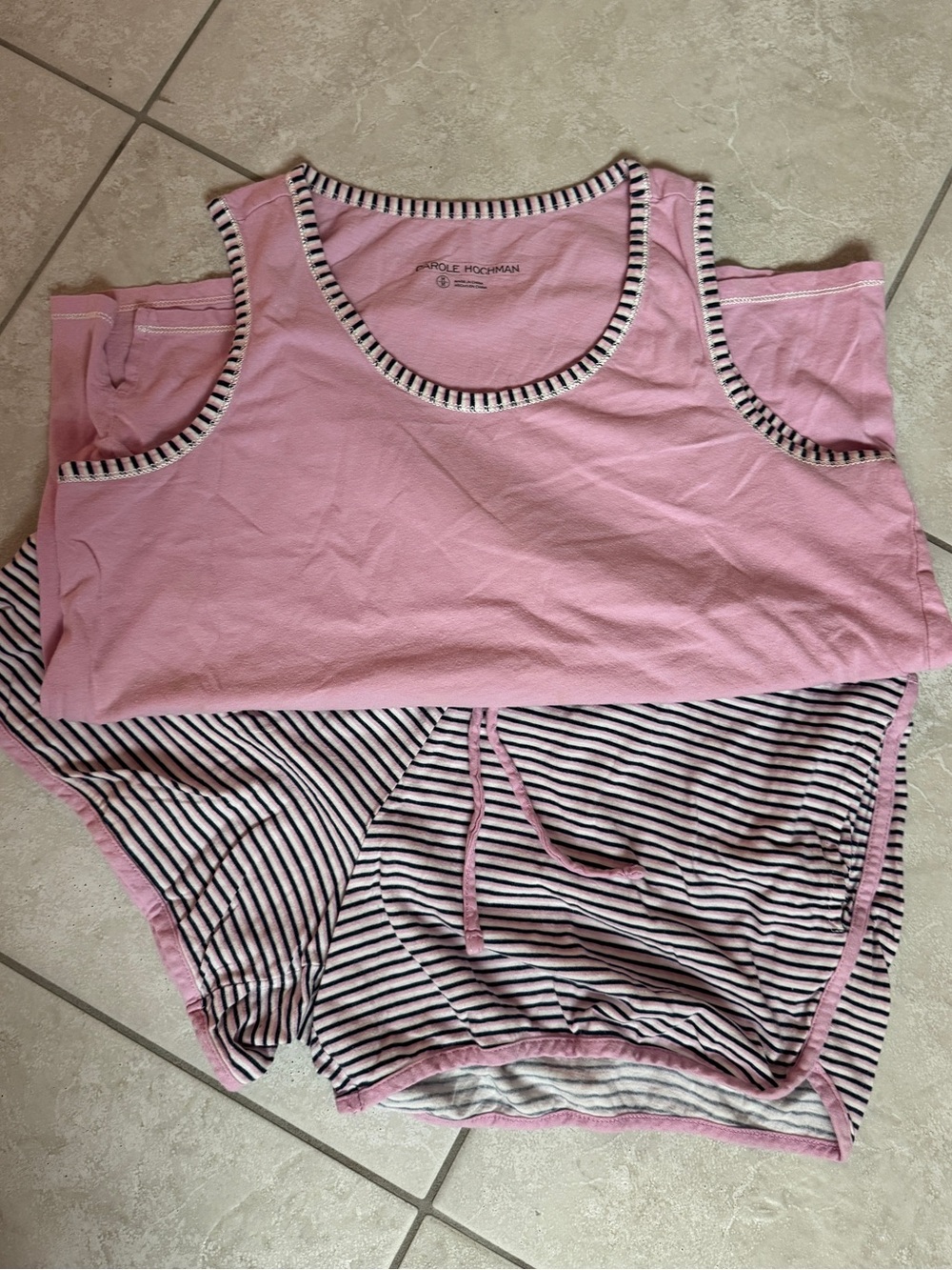 🎀Midnight by Carole Hochman Light Pink Cold-Shoulder Tank with Striped Trim